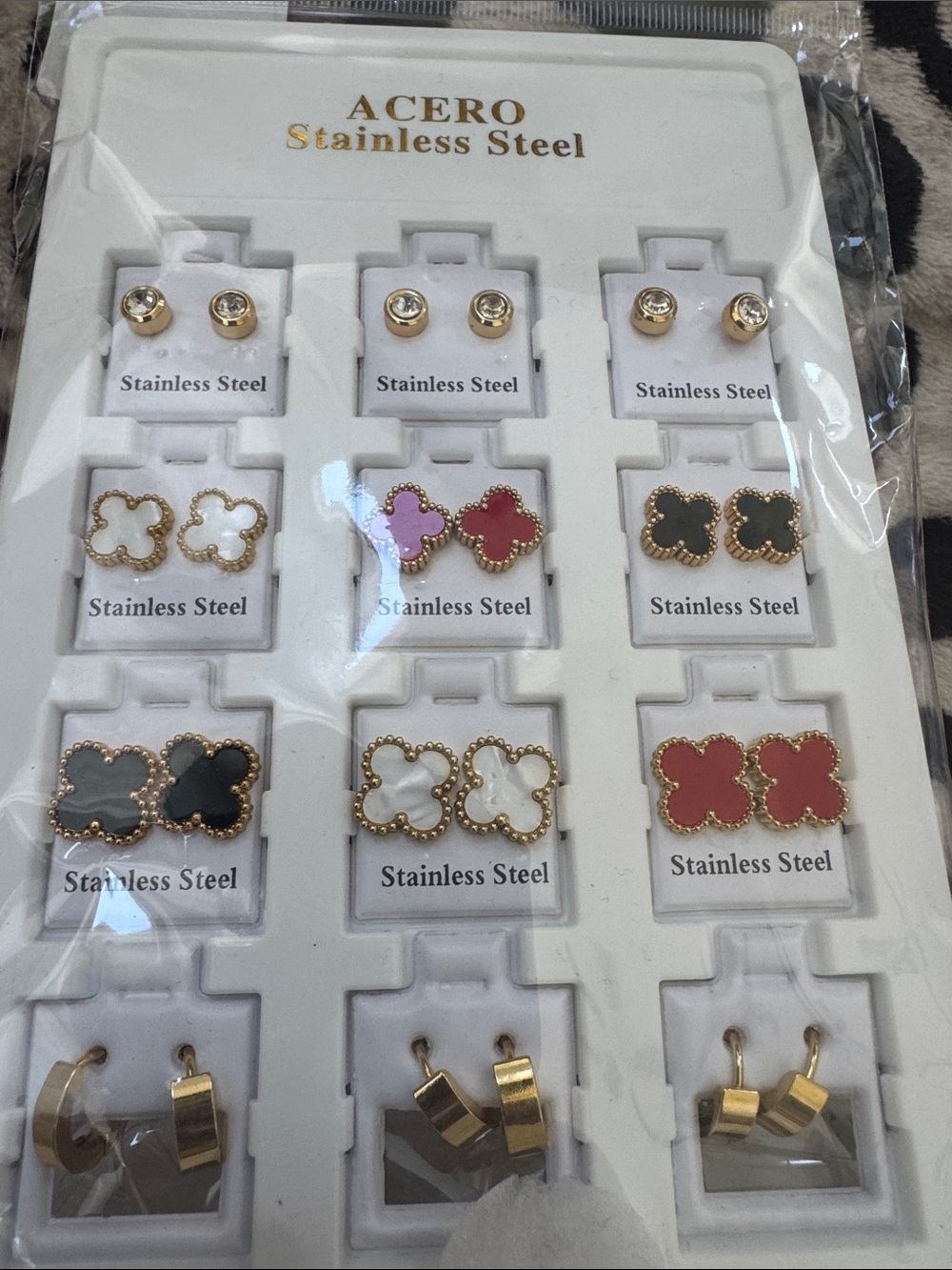 Acer Gold-Tone Clover & Hoop Earring Set in Pink, Red, Black, White, Gray